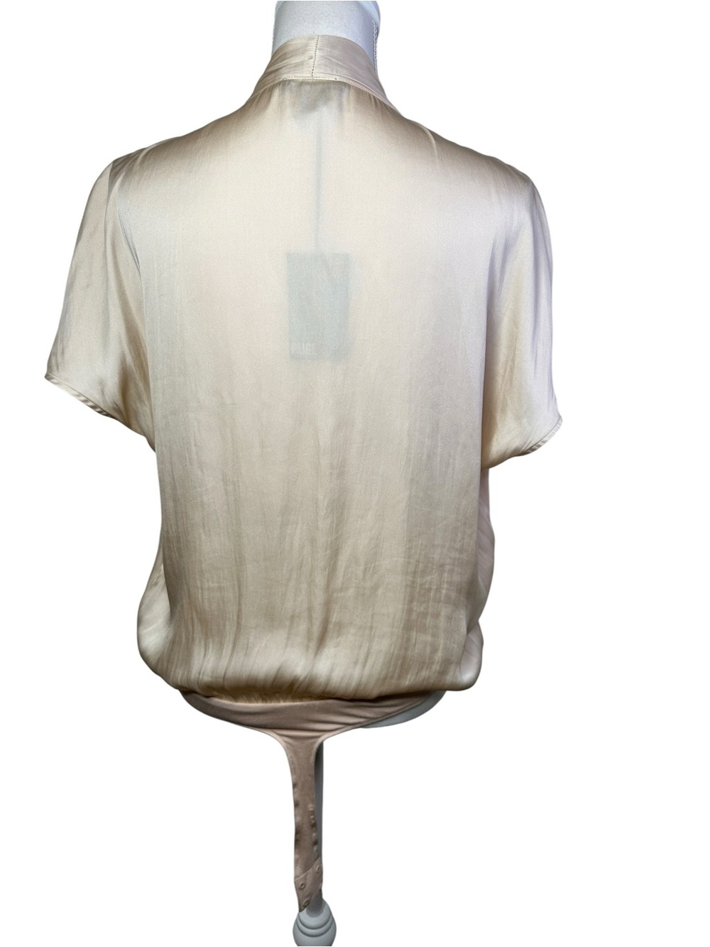 Paige Dijon Bodysuit Champagne Satin Drape Neck Short Sleeve Size Large ECRU - Picture 7 of 14